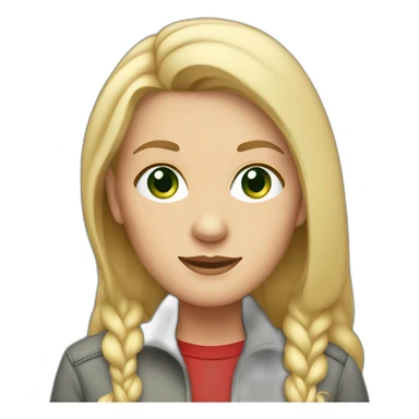 28 old women, white skin, long straight blond hair, green eyes, red shirt in a gray jacket sticker