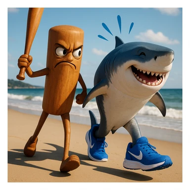 create this image with 4 different emotion to each of them .CREATE ONE WHERE THE ONE WITH THE STICK IS BEATING THE OTHER. AND THE OTHER ONE WITH HAPPY EMOTION 
 sticker