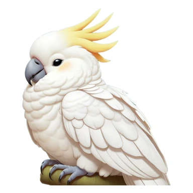 Meme-Worthy Cute Sleeping Cockatoo Portrait Emoji, Head resting peacefully with a contented smile, showcasing a softly feathered body with a gently drooping crest and eyes closed in serene slumber, Simplified yet adorably endearing features, highly detailed, glowing with a soft, drowsy tropical light, high shine, relaxed and utterly lovable, stylized with an air of playful laziness, soft glowing outline, capturing the essence of a sleeping cockatoo that feels destined to become the next viral icon of adorable rest! sticker