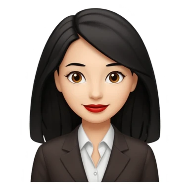 a woman with office outfits and smile, her hair is long black hair, her eyes are soft brown color and the color of her lip is soft red sticker