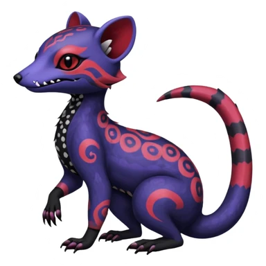 Rare warm-colored exotic gloomy tropical edgy cute epic aesthetic spooky indigo violet white black red gothic colorful Salandit-Noibat-Civet-species-Fakemon-hybrid-creature, with tribal tattoo markings, full body sticker