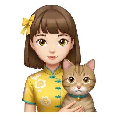 girl with brown hair and bangs wearing yellow qipao with gray tabby cat sticker