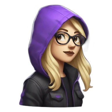 Girl blond developer with round glasses left side behind his laptop with this style: Valorant Riot Game purple character purple black hooded hacker  sticker
