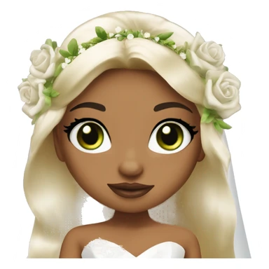 Bratz, bride, black half up half down hair, olive skin, green almond cat eyes sticker