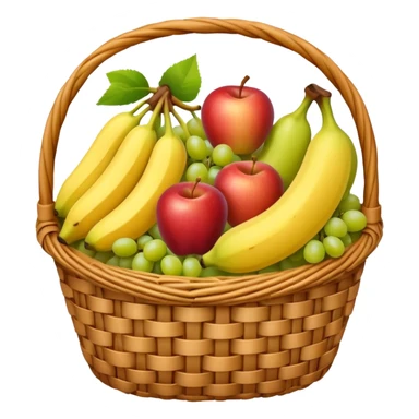 A wicker basket filled with apples, grapes, and bananas.






































 sticker