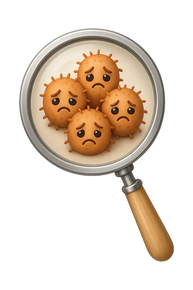 EMOJI STILE IPHONE DI una lente di ingrandimento che inquadra un cumulo di batteri intestinali tristi, IPERREALISTICO 4K sticker