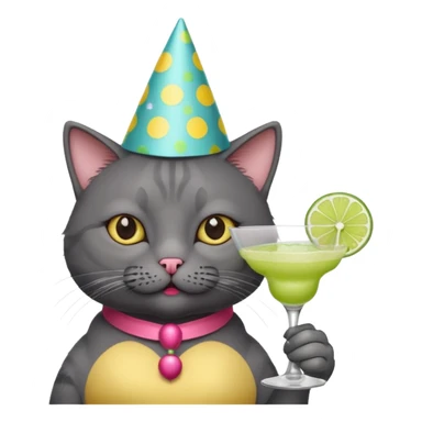 An old, dark grey cat is wearing a party hat, and drinking a margarita. sticker