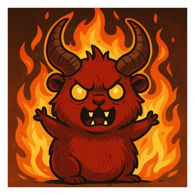 red guinea pig demon with large horns, surrounded by flames, cartoonish style sticker