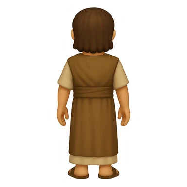 Back view, centered full body, facing away, classic emoji style of apostle Peter with short hair, no hood, arms down by sides, smiling, full beard, wearing long sleeve brown clothes with beige details, no background. The style should mimic classic emoji style. sticker