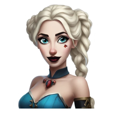 Arabic Elsa in Harley Quinn style, oil paint, mysterious eyes, intricate lips, masterpiece portrait, odd perspective, beautiful, desirable, logical sticker