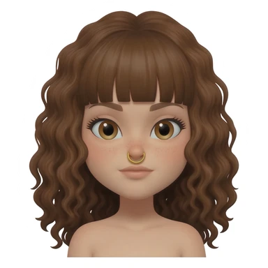 Make her head lean even more forward and make it a girl with long brown curly hair and bangs and a septum nose ring gold hoop sticker