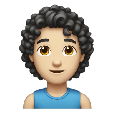 White skinny boy, curly medium long hair, black Eyes, black hair, blue skirt sticker