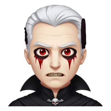 Creat a young man Vampire with white skin and white hair "make him have slide back hair" and full black vampire clothes and bloody eyes and long fangs and scary dead sleepy eyes and silver logo on his neck sticker