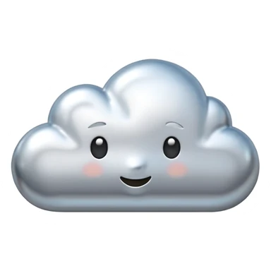 A cute cloud emoji made of silver chrome, smooth rounded shape, glossy metallic surface, soft reflections, minimal and friendly design, iOS emoji style, centered, clean white background, soft lighting sticker