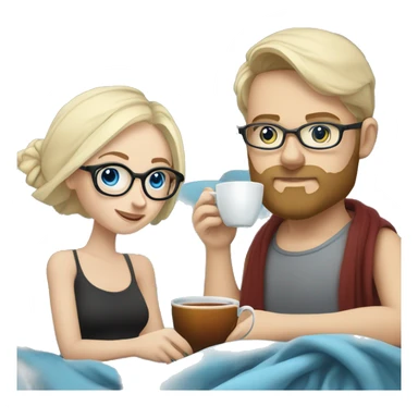 Pale blonde girl with blue eyes wearing glasses and pale man with short black hair and beard drinking tea under a blanket sticker