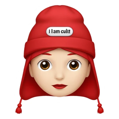Red hat with no person in it that says "I AM IN A CULT" in white text sticker