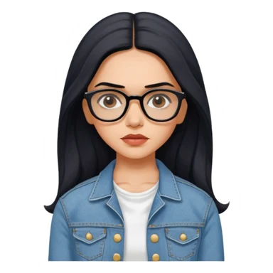 generate a pretty bratz emoji 
Make her wear a white dress with a denim jacket over it.long  black hair side part 

She should look exactly  like Deepika padukone! wearing tiny rectangular spectacle, looking sad sticker