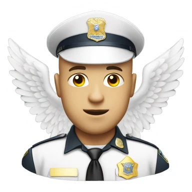 A WHITE Police man bald with cap with Big ANGEL WINGS sticker