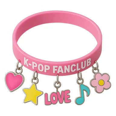 pink kpop fan club bracelet with charms, fun and collectible sticker