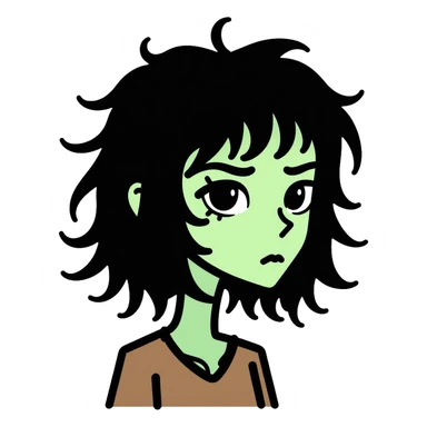 zombie girl with shoulder-length hair in transition, pale green skin, dark circles around eyes, messy hair sticker