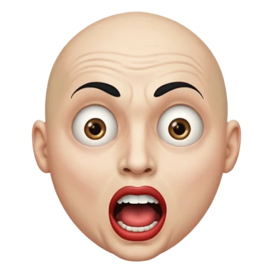 a bald cabaret actor with a white, dry, long, made-up face and heavily made-up eyes and mouth, a huge, wide-open mouth and a startled look sticker