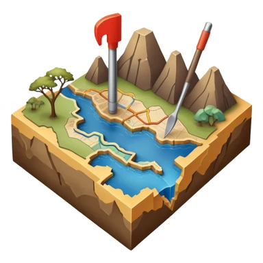 An icon featuring a crowbar and a geological map, and layers of Earth’s crust, symbolizing geology. The design includes mineral samples, fossils, and tectonic plates, representing the study of Earth’s structure and natural processes. Transparent background highlights geological exploration sticker