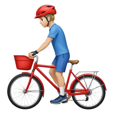 a white man, wearing blue shirt, walking next to his red bike, a bicycle helmet on the head sticker