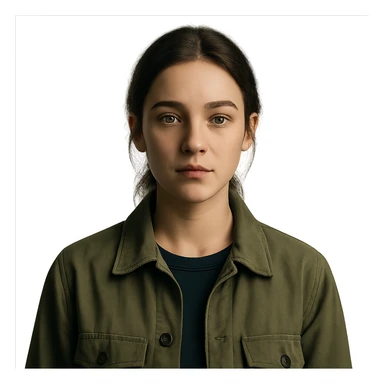 Create a centered portrait of the same woman with a calm expression, transparent background, in the style of a Netflix series. sticker