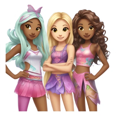 Four best friends girls clubbing in cute fairy outfits, all girls apart from one mixed race heritage: Chinese and white, winx inspired outfits and cute hair and fun accessories  sticker