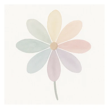 A seven-petal flower with each petal in a different pastel color, watercolor painting style. sticker