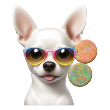 White Chihuahua with aviator sunglasses and a sprinkle cookie sticker