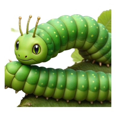 Cinematic Realistic Noble Caterpillar Portrait Emoji, Poised and serene, with a slender, segmented body covered in vivid, detailed green scales accented by subtle natural patterns, and a tiny, focused face with delicate, inquisitive eyes, rendered with lifelike texture and soft natural lighting, high shine, intelligent and delicate, styled with an air of woodland elegance, focused and attentive, soft glowing outline, capturing the essence of a watchful and confident looper caterpillar that appears ready to inch gracefully out of the screen with natural authority! sticker