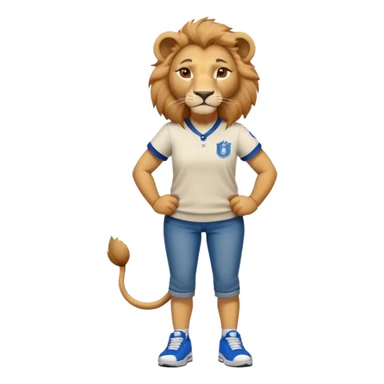 friendly anthropomorphised female lion wearing a baseball shirt, jeans, trainers, standing upright with arms folded, looking strong and confident sticker