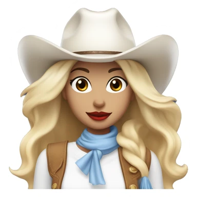 cowgirl with a white cowgirl hat and white scarf and blonde blowout with red lipstick and blue eyes and a dimple and a white top sticker