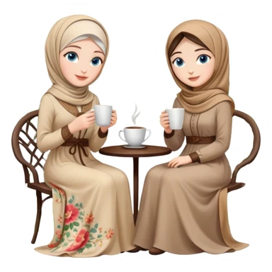 Turkish beautiful finish Konya girls blue eyes with Beautiful beige floral hijab long tail dress and the two friends in a lovely garden sits on the chair on the ground and holds cup coffe with her hand  sticker