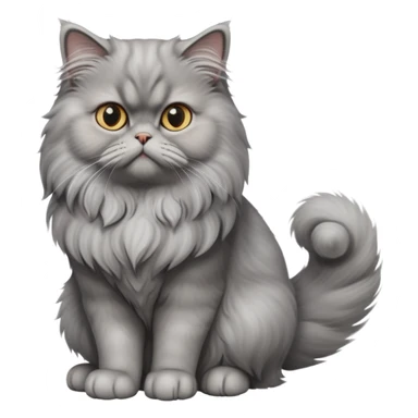 cinematic-[grey persian cat]-realistic-full-body-sitting-emoji,-tail-curled-playfully-around-its-paws,-head-tilted-dramatically,-fluffy-[grey]-fur,-simplified-yet-realistic-focused-features,-highly-detailed,-glowing-with-an-almost-sarcastic-glow sticker