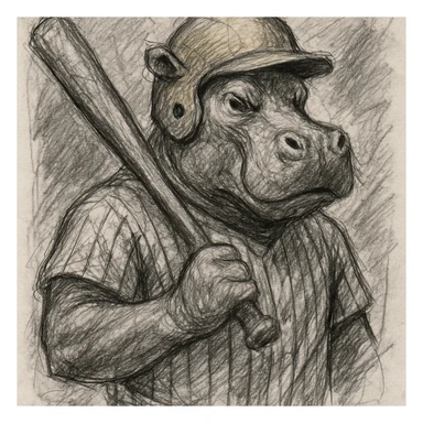 hippo holding a baseball bat, wearing a yellow helmet, pinstripes outfit sticker
