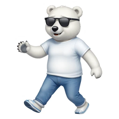 friendly anthropomorphised polar bear in jeans and a t-shirt, wearing dark sunglasses, jogging upright, relaxed pose sticker