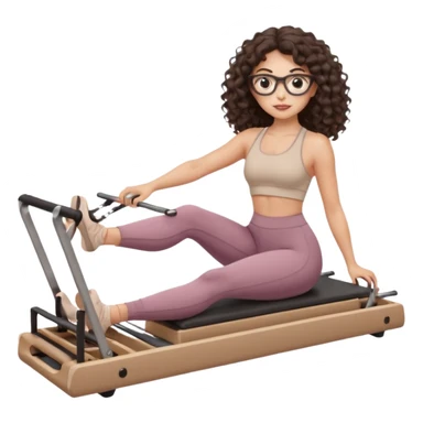 Memoji-style girl with long dark brown curly hair, round glasses, large brown eyes, soft rounded face,makeup, warm beige skin tone, wearing Pilates activewear performing Pilates and reformer Pilates exercises on a reformer machine, pastel color palette, smooth soft shading sticker
