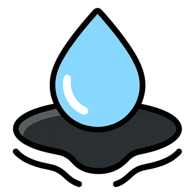 light blue or silver water droplet sliding on glossy black mirror-like paint, main color glossy black, subtle repellent effect with water lines moving away, modern and clean icon sticker