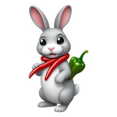 Gray and white rabbit holding a red chili pepper  sticker