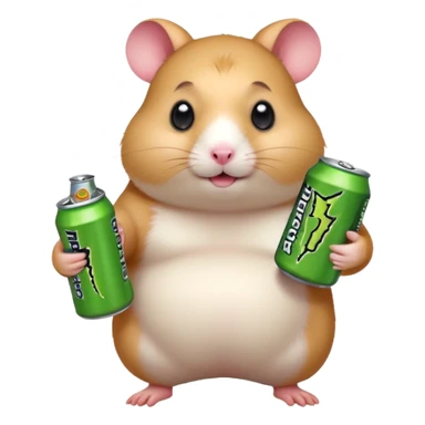 Funny cartoon-style fat hamster with big wide eyes  holding a can of monster energy in one hand and redbull in the other hand sticker