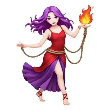 Full body rope on fire dance performer pale skin with long purple hair red dress sticker