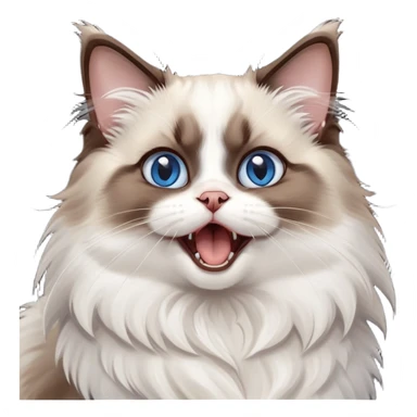 cinematic-adorable-big-eyed-fluffy-dark brown and white ragdoll-cat-portrait-emoji,-head-tilted-playfully-with-a-cute,-yawn,-soft-brown-and white-colored-fur-with-darker-points-on-the-ears,-simplified-yet-irresistibly-cute-features, sparkling blue eyes sticker