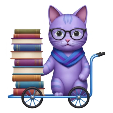 Purple and blue cat with reading glasses and a shawl, standing behind a 4 wheeled pushcart full of books sticker