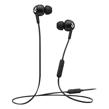 Minimal emoji, simple wired earphones sculpted from matte black metal, clean silhouette, fashion editorial minimalism, no motion effects, no glow, no neon, flat emoji style, centered, transparent background sticker