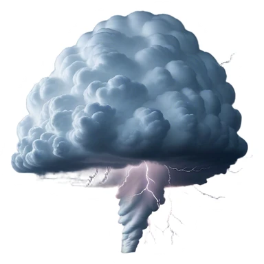 Cinematic Realistic Cumulonimbus Emoji, Towering and imposing, with dark, dramatic clouds reaching up into the sky in a billowing formation. Lightning flickers within, and the atmosphere is charged with energy, signaling a powerful storm ahead. Soft glowing outline, capturing the essence of raw power, intensity, and nature’s fury in a mighty cumulonimbus cloud! sticker