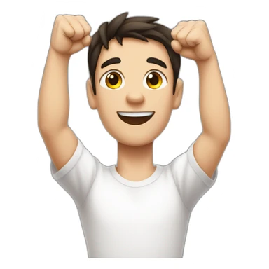 dark haired white young man in white t-shirt with both fists stretched high in victory sticker