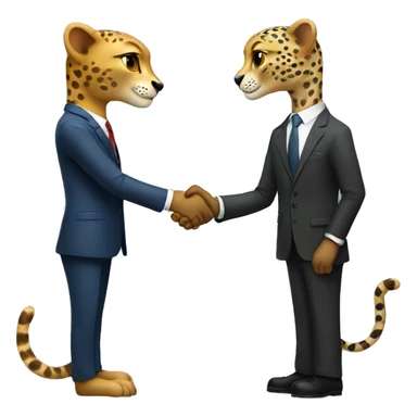 A cheetah in a classic suit shakes hands with a man  sticker