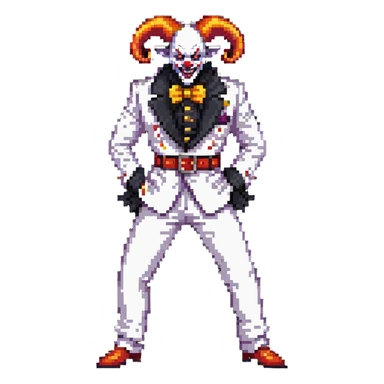 full-body demonic clown in a white leisure suit with bellbottom pants, bald, with black ram horns, flashy belt, ruffled shirt, no neck tie, large fangs in mouth sticker